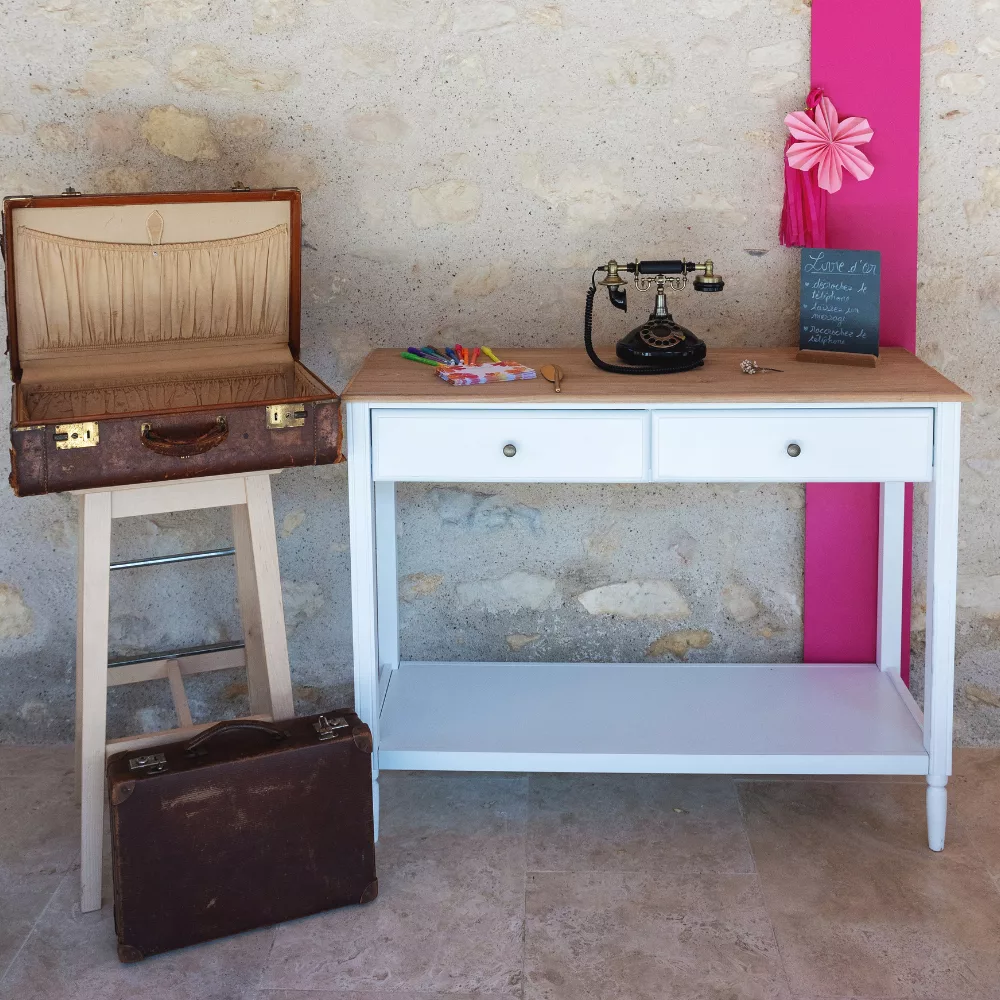 Console bois blanc et plateau naturel