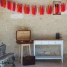 Console bois blanc et plateau naturel