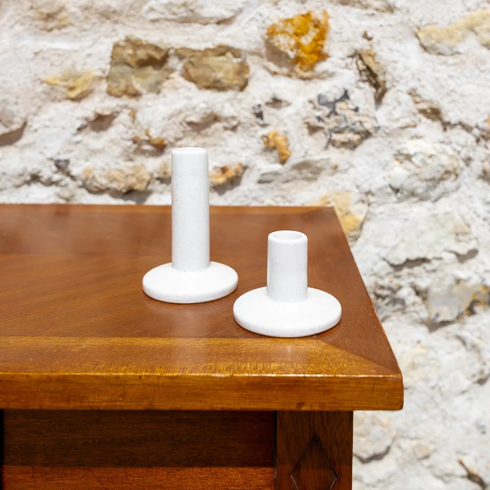 Bougeoirs céramique blanc moucheté duo