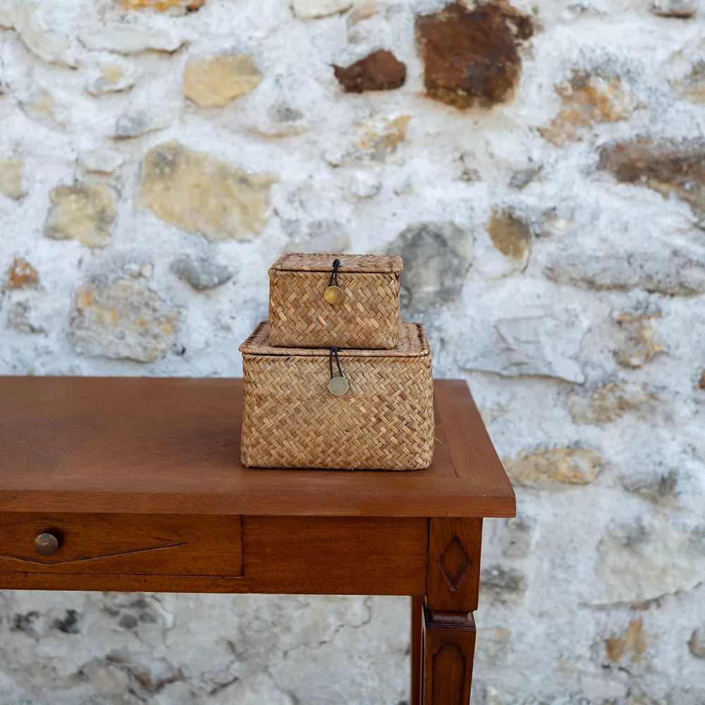 Duo de boîtes en paille marron foncé avec fermoir bouton doré vieilli