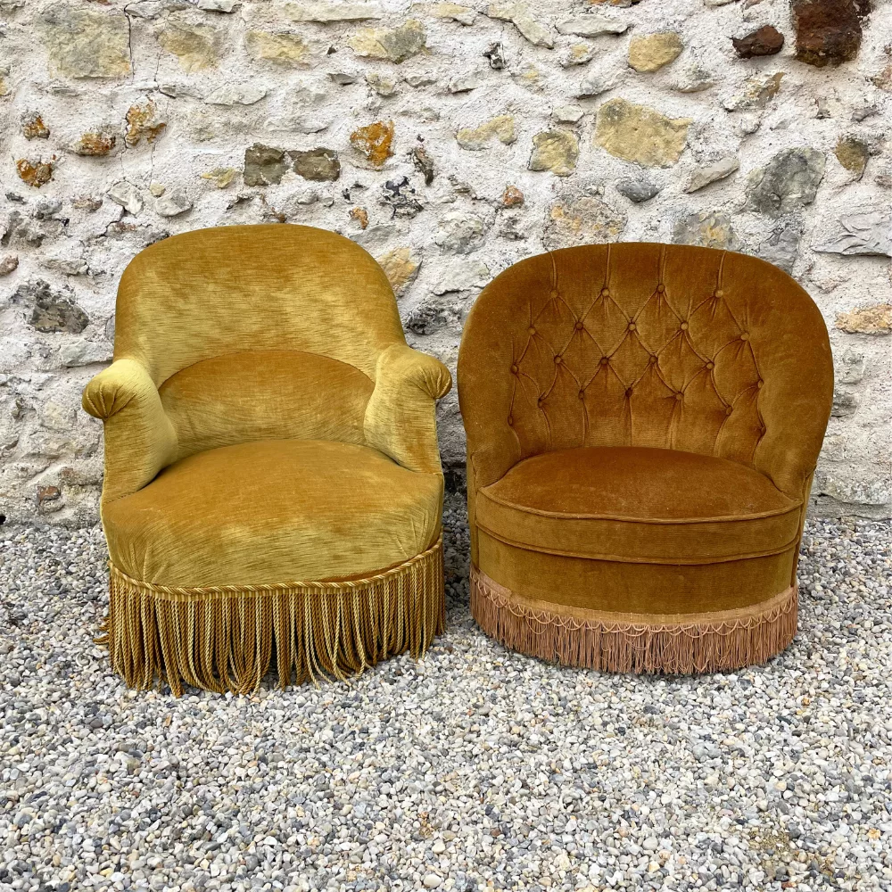 Duo de fauteuils crapaud moutarde et bronze