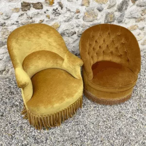 Duo de fauteuils crapaud moutarde et bronze