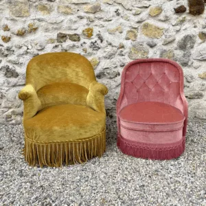 Duo de fauteuils crapaud rose et jaune