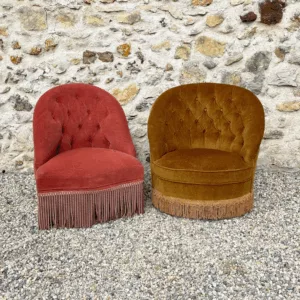 Duo de fauteuils crapaud rose saumon et bronze