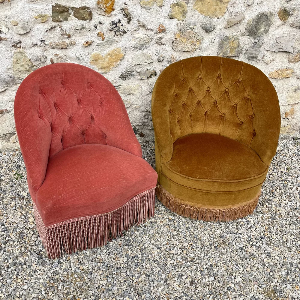 Duo de fauteuils crapaud rose saumon et bronze
