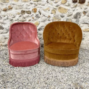 Duo de fauteuils crapaud rose bonbon et bronze