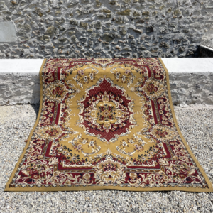 Tapis vintage écru, rouge et moutarde