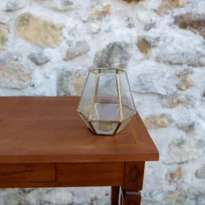 Lanterne hexagonale verre transparent et doré