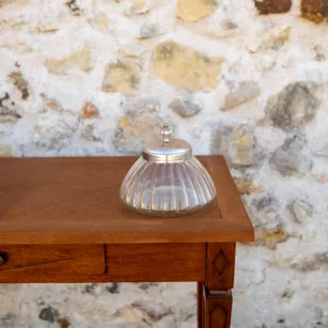 Bonbonnière ronde plate en verre couvercle argenté