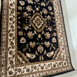 Tapis rectangulaire noir, écru, moutarde, kaki et beige