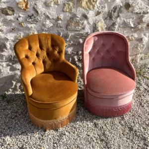 Duo de fauteuils crapaud rose baby et bronze