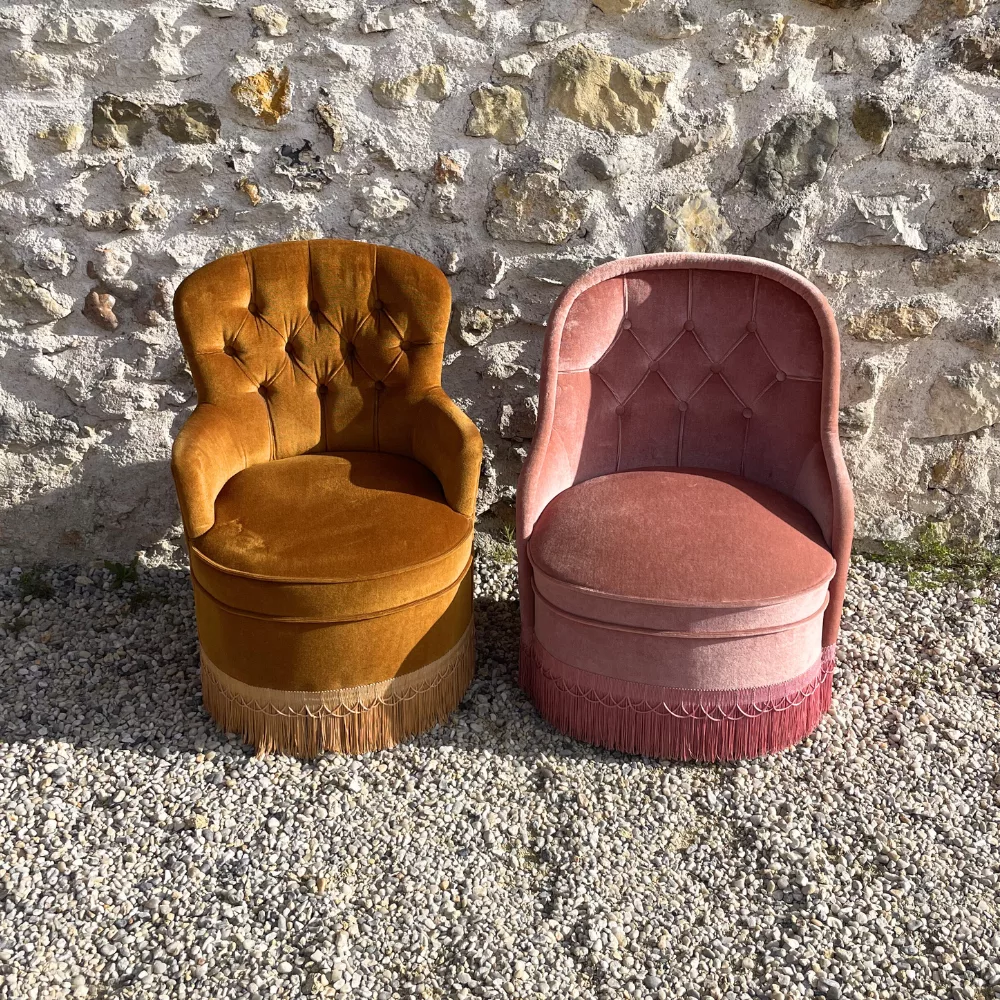 Duo de fauteuils crapaud rose baby et bronze