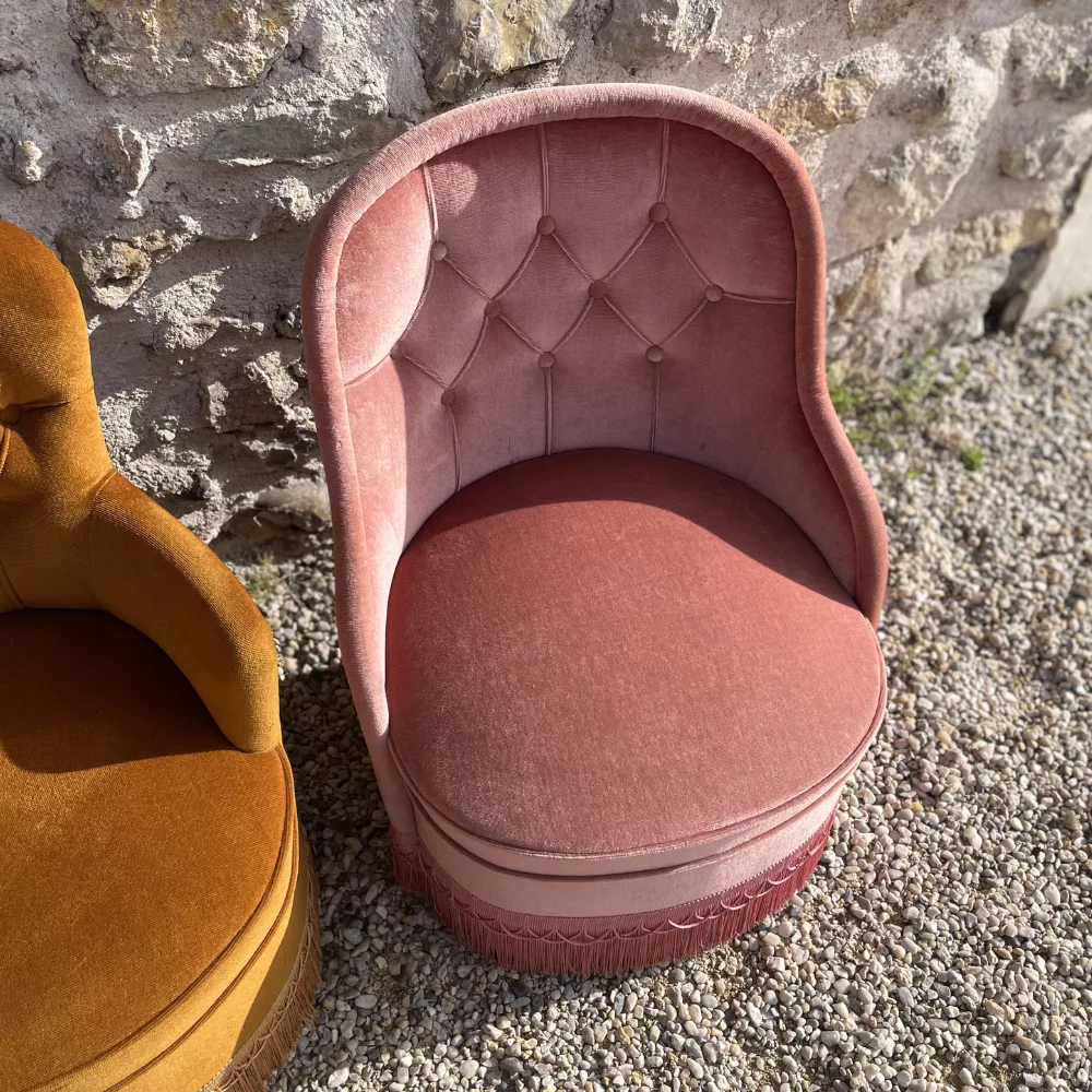Duo de fauteuils crapaud rose baby et bronze